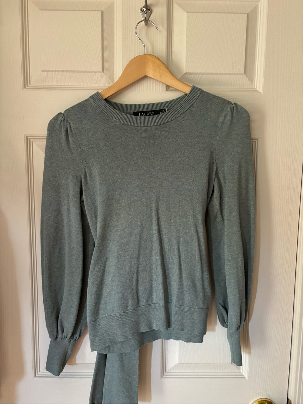 Ralph Lauren Teal Puff-Sleeve Crewneck Sweater with Tie Back